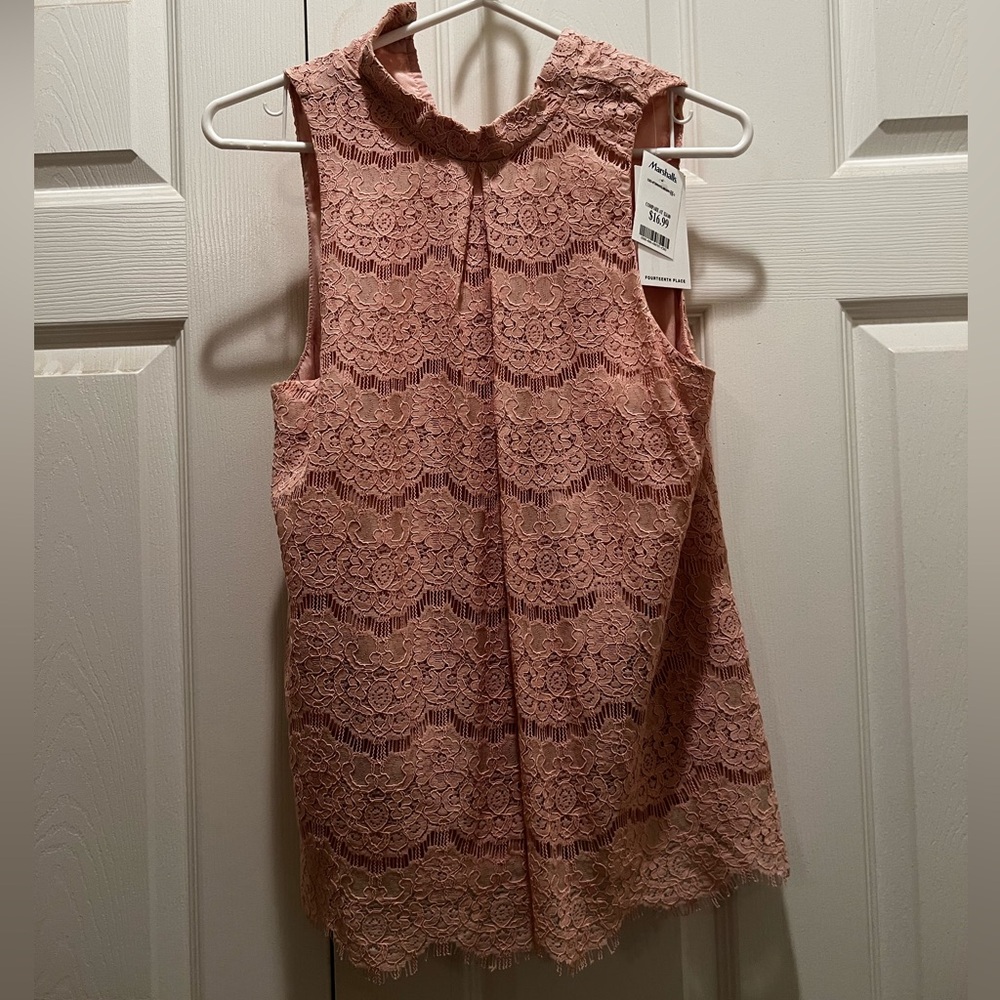 Floral Lace Pink Mock Collar Sleeveless Top